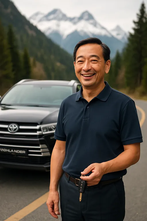 AI-stylised portrait of a friendly middle-aged Chinese driver beside a Toyota Highlander on a Sichuan mountain road