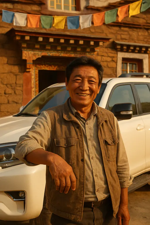AI-stylised portrait of a Tibetan driver in his 50s beside a white Toyota Prado near a traditional Tibetan guest house