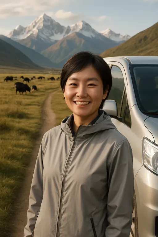 AI-stylised portrait of a female team member in her 30s on a grassland road in western Sichuan