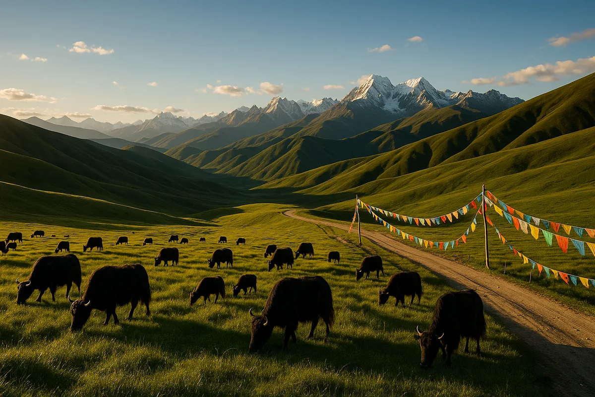 Yaks grazing on Bamei grassland with Tibetan prayer flags