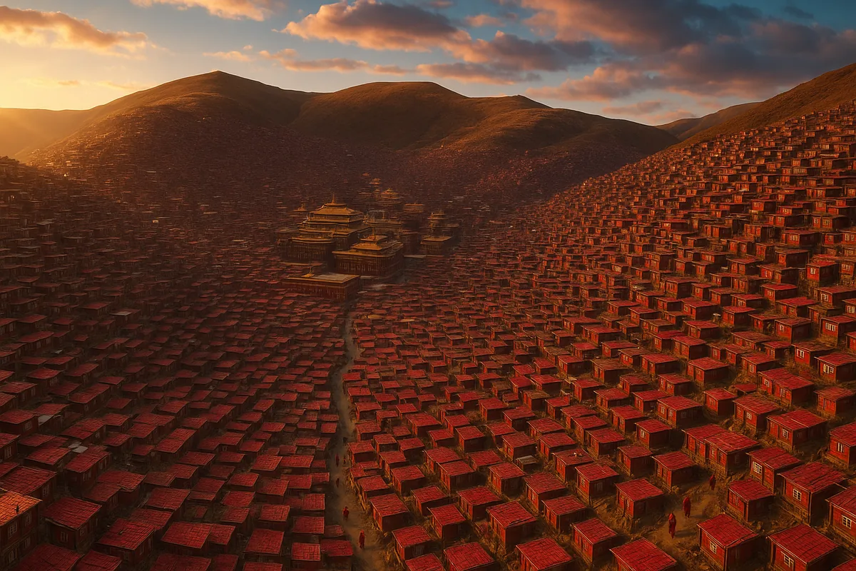 Aerial view of Larung Gar Buddhist academy at sunset, Seda