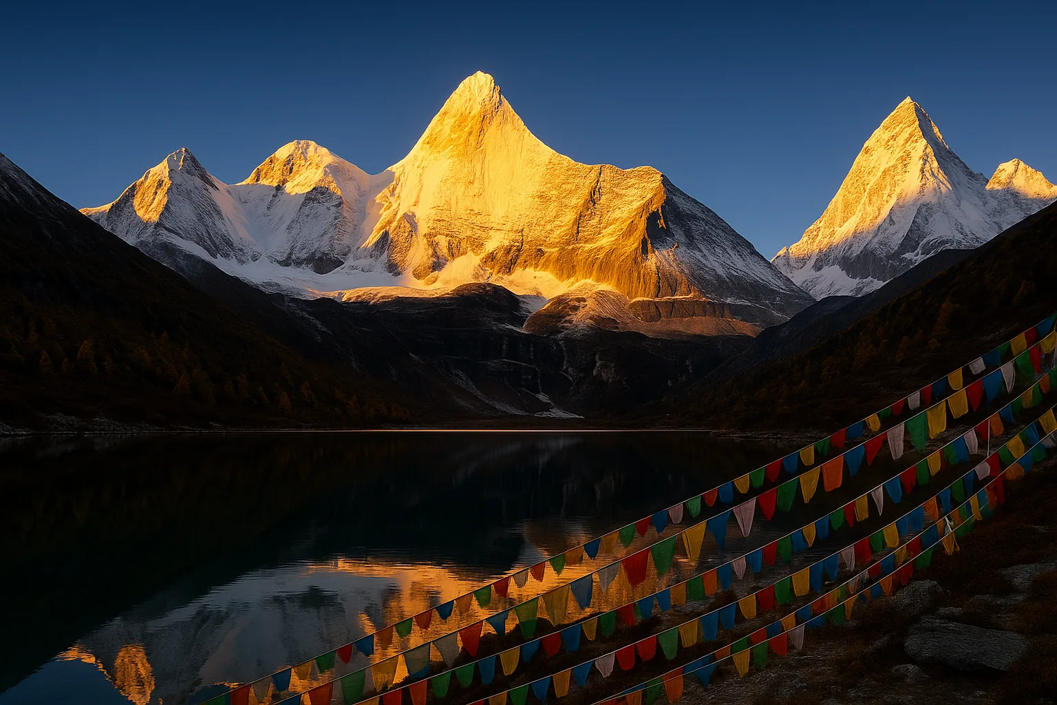 Sunrise alpenglow on the three sacred peaks of Yading, Daocheng